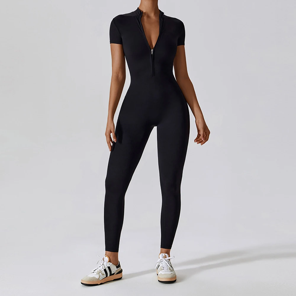 

Gym Bodycon Jumpsuit Women One Piece Yoga Suit Sport Outfit Short Sleeve Zipper Fitness Overalls Female Workout Clothing Black