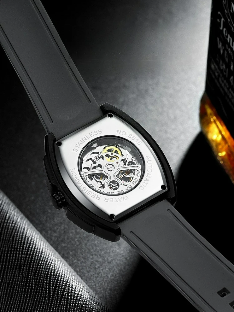 AILANG Herren Automatik-Mechanische Uhr - Tonneau Skelett-Zifferblatt 3ATM Wasserdicht Herrenuhr Leuchtende Gummiarmband Armbanduhr – Detail 14