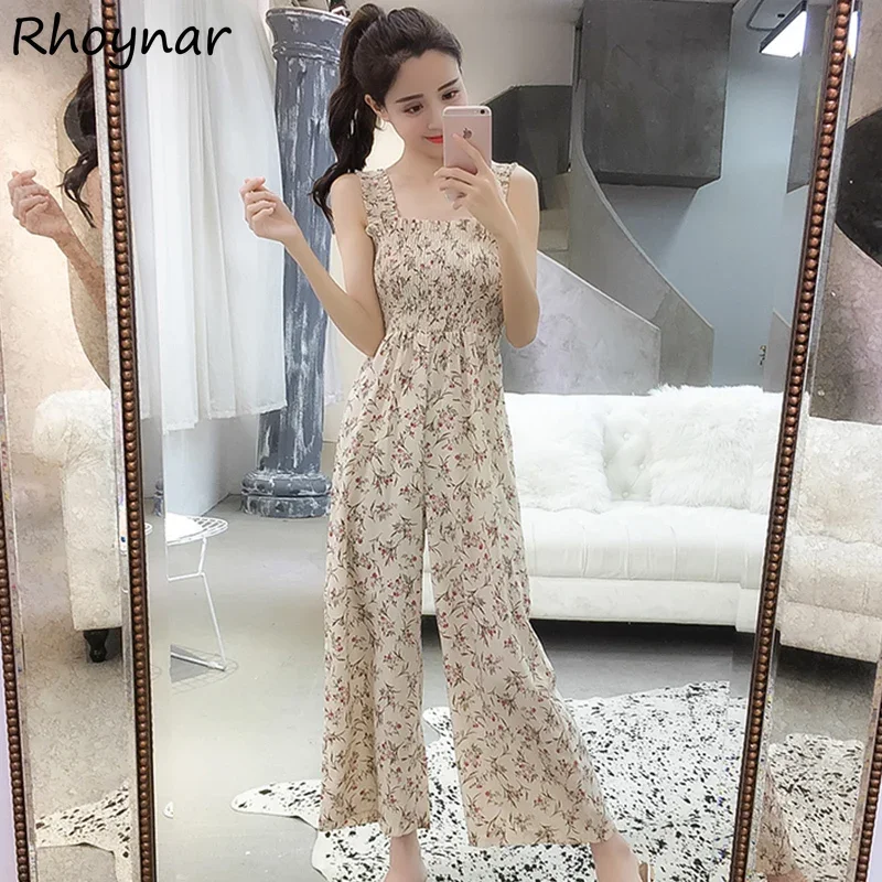 

Женские комбинезоны с цветочным принтом, универсальные дышащие брюки с высокой талией в винтажном Корейском стиле, модные элегантные женские свободные костюмы на лето
