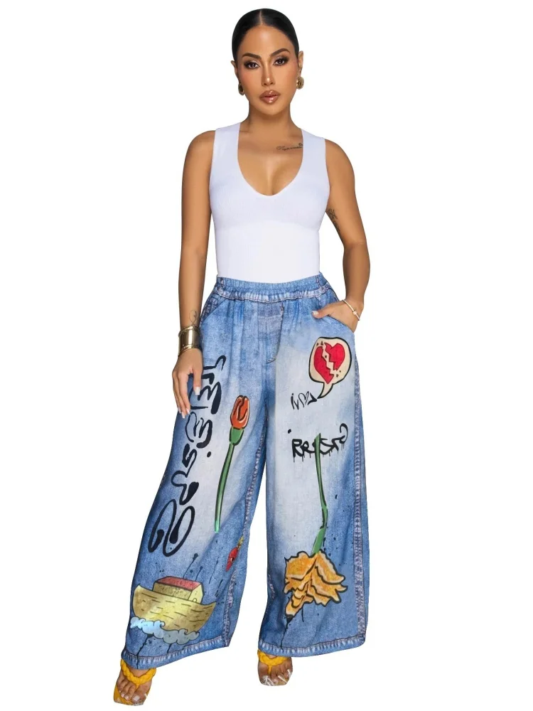 Wmstar Denim Pants Women Wholesale European American Foreign Clothing Russian European Printed Wide Leg Casual Summer 2025