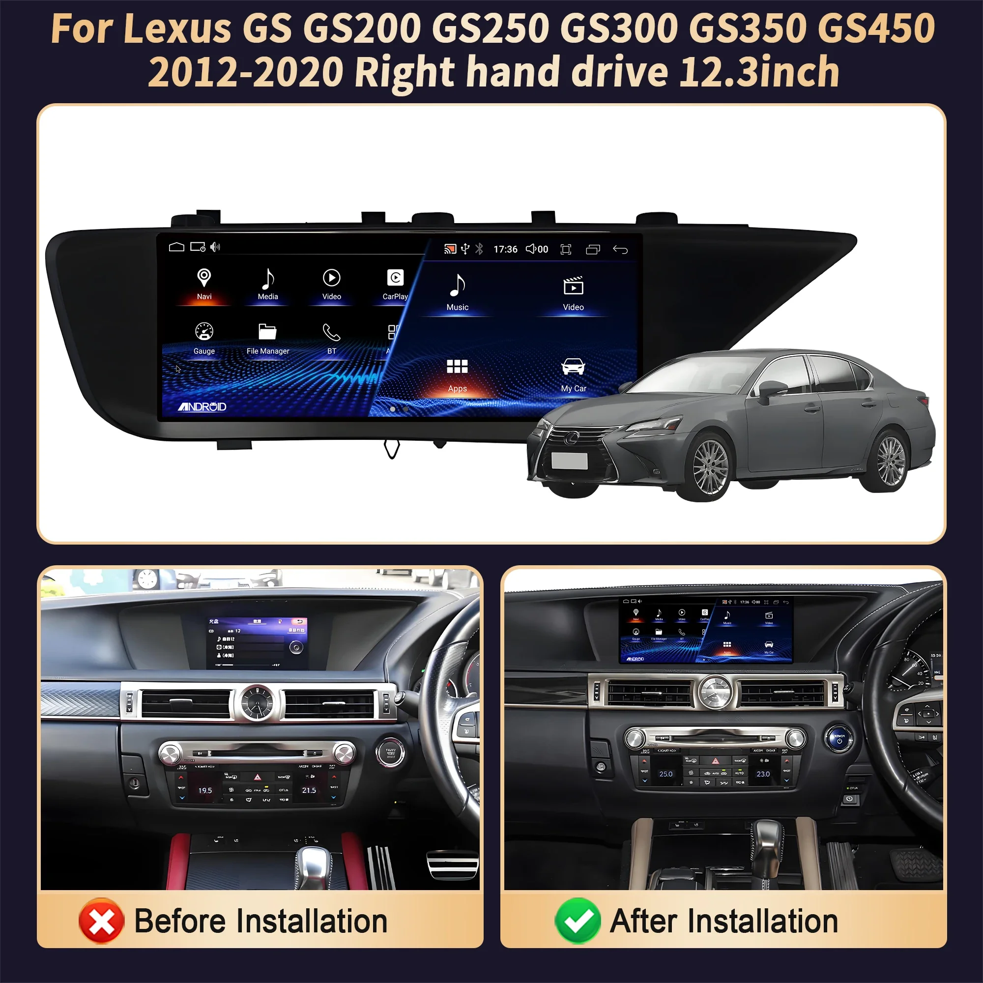 12,3 pulgadas RHD para Lexus GS GS200 GS250 GS300 GS350 GS450 2012-2020 Radio de coche inalámbrico CarPlay Multimedia Snapdragon 680 pantalla 2