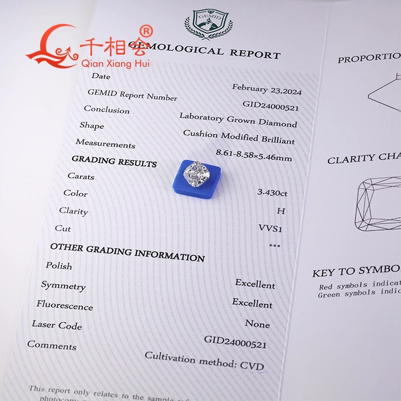 3.43ct H white CVD lab-grown diamond, cushion cut, VVS1 clarity, GEMID-certified, perfect for elegant jewelry designs.