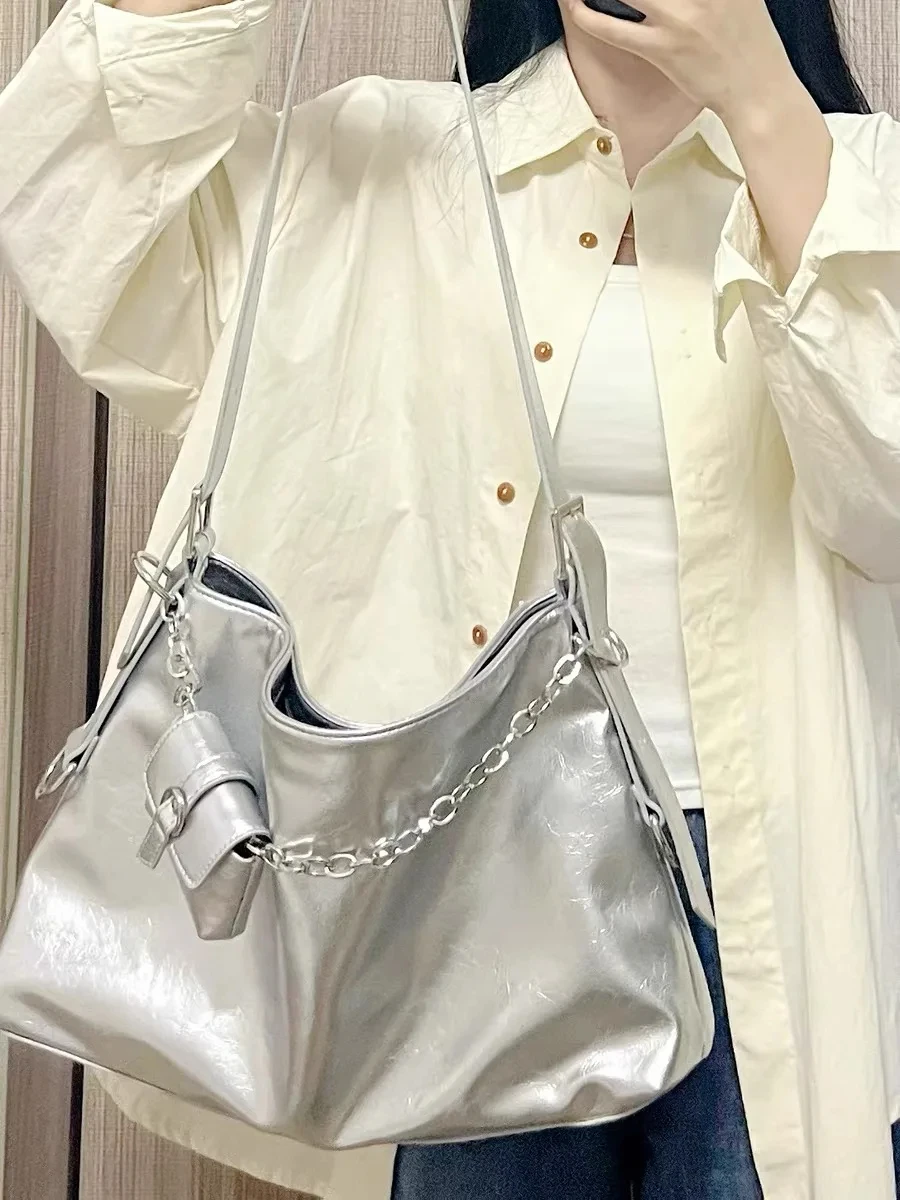 JIAERDI Black Vintage Underarm Bag Women Harajuku Chain Decorative Shoulder Bag With Headphone Bag Large Capacity Tote Bag Y2k