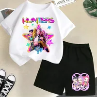 2026 New Children's Cotton Korean Wave Demon Hunter Print Fashion Casual Movie Cartoon Boys and Girls Short-sleeved Set