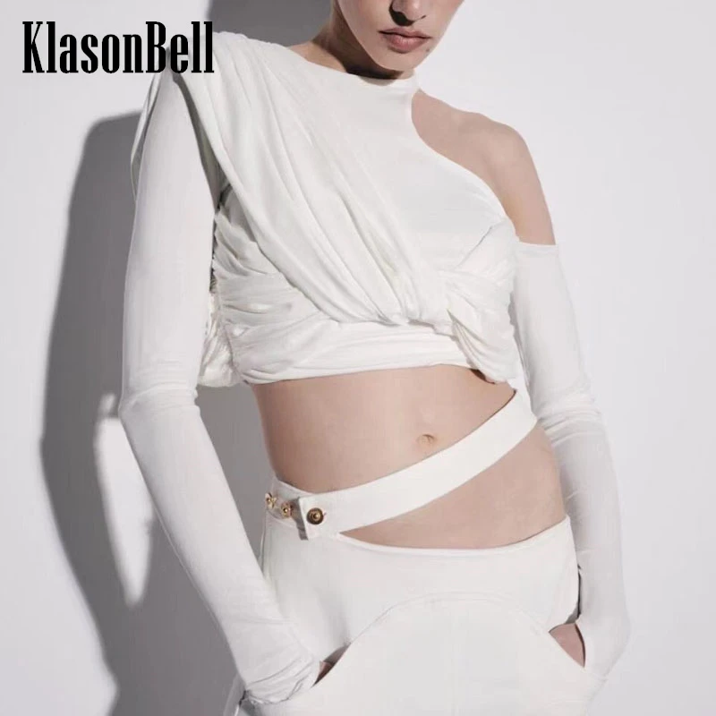 

5.6 KlasonBell Solid Long Sleeve Irregular Twist Reache Sexy Hot Girl Crop Tee Hollow Out Off-shoulder O-Neck T-Shirt Fit Women
