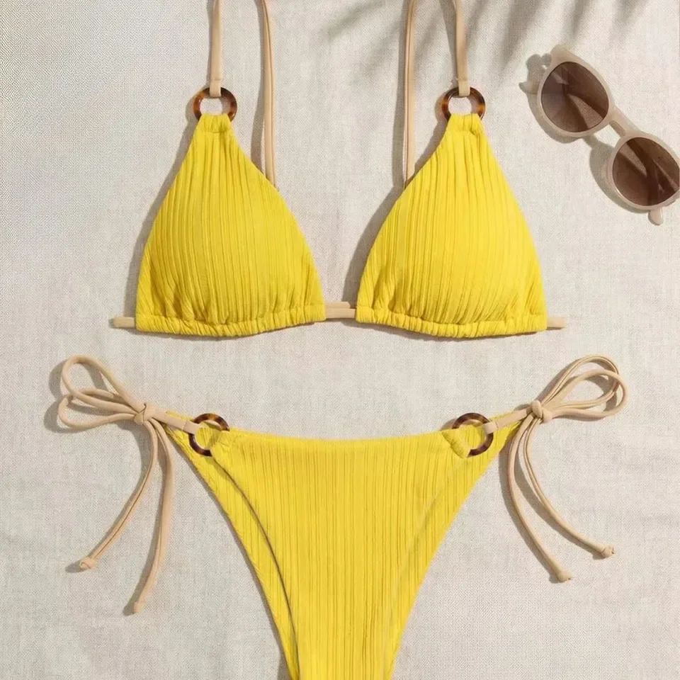 Women's Padded Three-point Bikini Set Solid Color Spaghetti Strap Hoop Sexy Swimsuit Two-piece Swimwear WirelBathing Suit 2