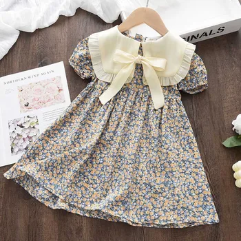 Baby Dresses Summer Bow And Full Printed Floral Pattern Doll Neck Girls' Dresses Cute Casual Children's Dresses 1