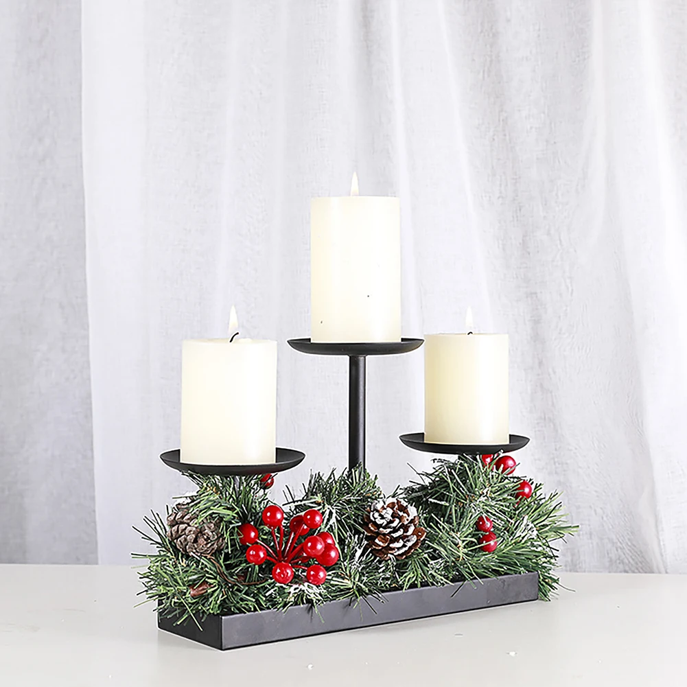 Christmas Candle Holders Artificial Berries Pinecones Steal Base Artificial Centerpiece For Desktop Coffee Table (2.2x9x18.2cm)