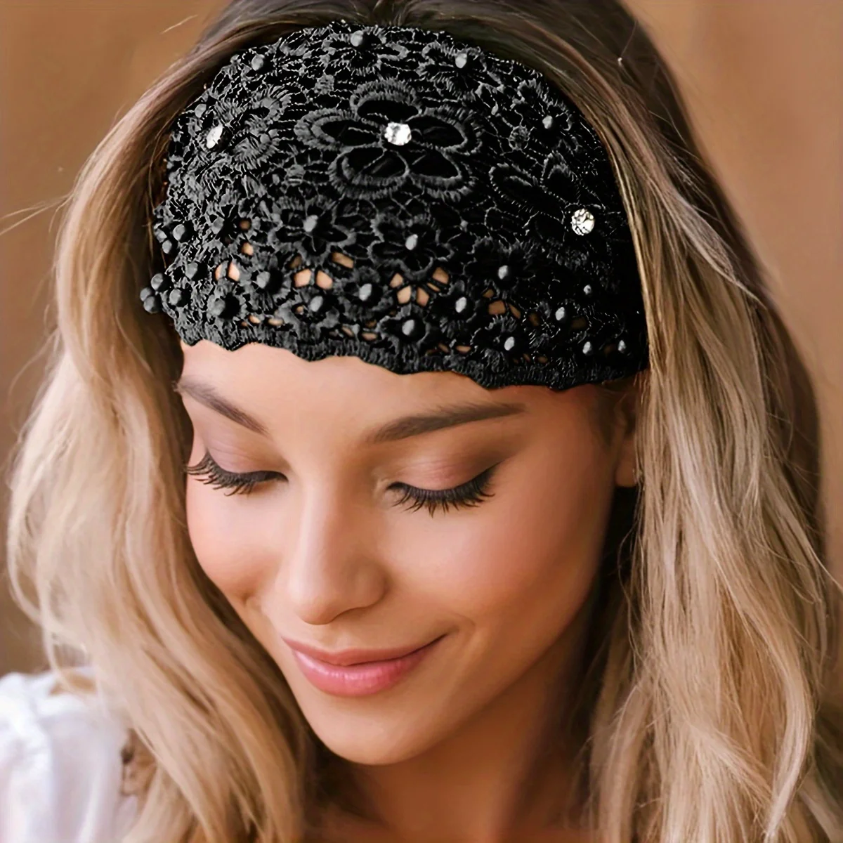 1pc Elegant Flower Bead Wide Headband, Lace Headband, Lace Pearl Hollow Wide Headband, Elastic Headband  Hair Bands for Women