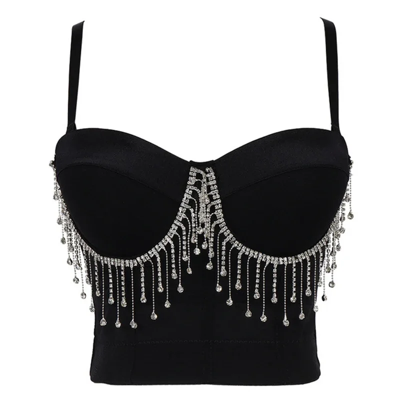 

Summer Diamond Crystal Tassels Women Camisole Top Solid Color Short Cropped Top Night Club Party Sexy Push Up Bustier Bra