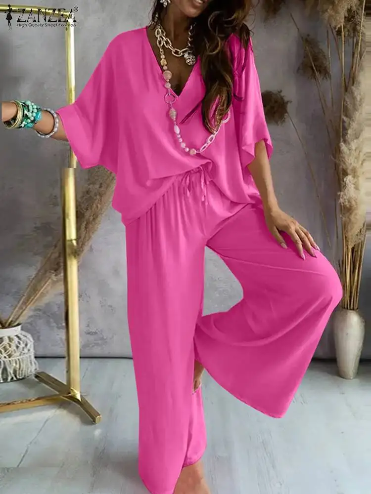 

ZANZEA Women Casual Loose Half Sleeve Top 2pcs Outfit Summer Wide Leg Pant Matching Sets Solid Elastic Waist Tracksuit Pant Sets