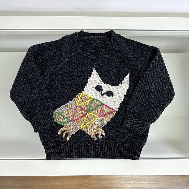 Girl Vintage Embroidered Sweater Winter Cartoon Owl Kids Clothes Children's Knitted Sweater Baby Boy Knitwear Pullover