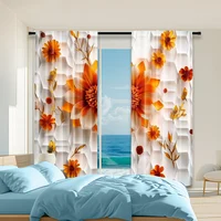 2Pcs Glam Style Curtain Panels Orange Red Floral Print With Hexagon Background Machine Washable Polyester Decorative Drapes_ai2 1