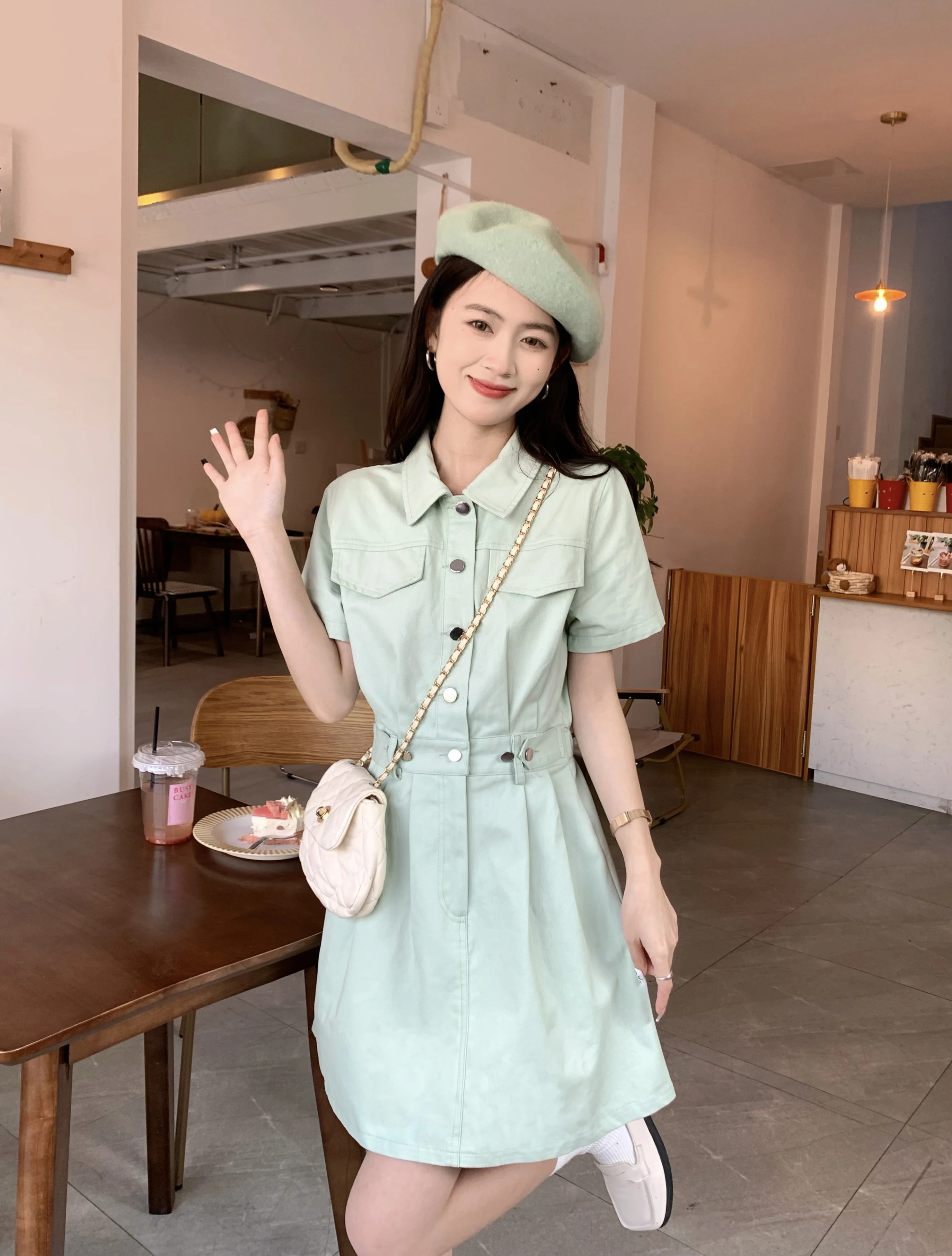 

Women's Summer Denim A-line Dress Mint Green Fresh Row of Buttons Elegant New Fashion Trends