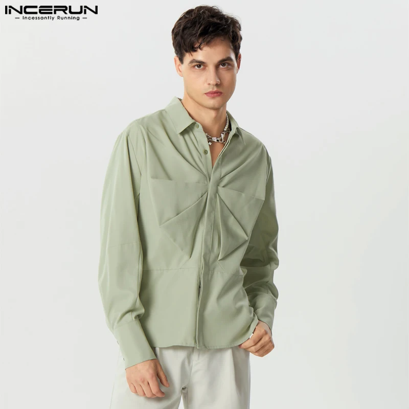 INCERUN Tops 2023 American Style Fashion Men's Pleated Design Well Fitting Shirts Leisure Solid Lapel Long Sleeved Blouse S-5XL