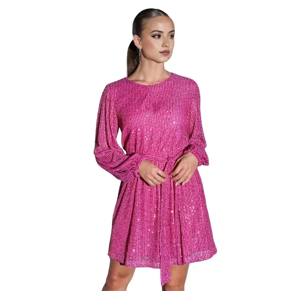 

O Neck Dress Elegant Sequin Mini Dress for Prom Party Dating Shiny Strappy Tight Waist Long Sleeves Women's Dress Solid Color