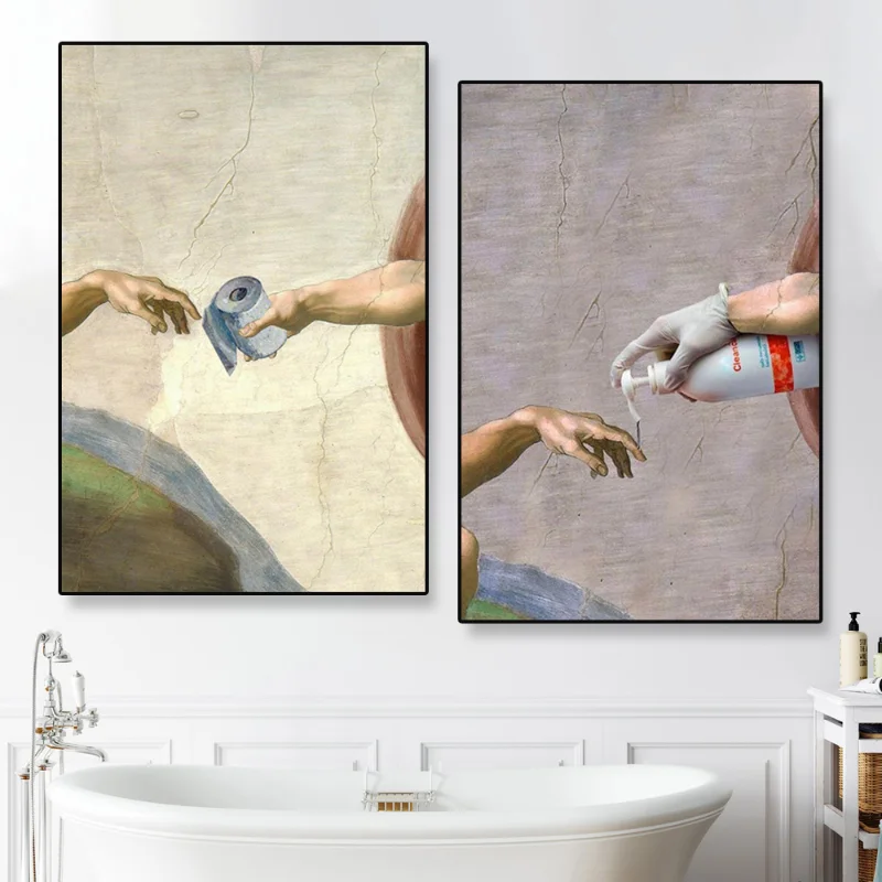 Toilet Paper Hand Sanitizer Funny Hand of God and Adam Mural Poster Prints Canvas Painting Wall Art Decor Wash Room Home Decor
