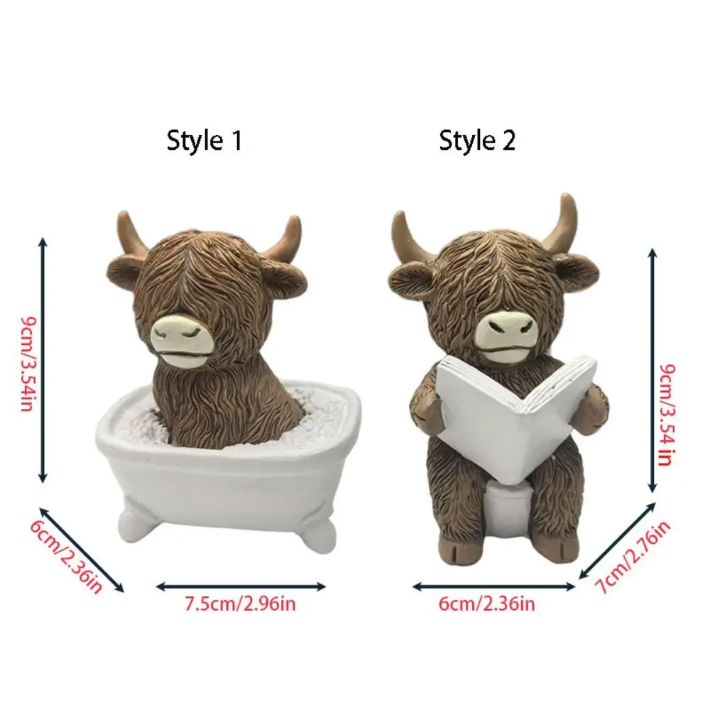 Home Decor Resin Highland Cow Statue Decorative Cute Cow Mini Figurine Realistic Animal Sculpture Ornament Micro Landscape Model