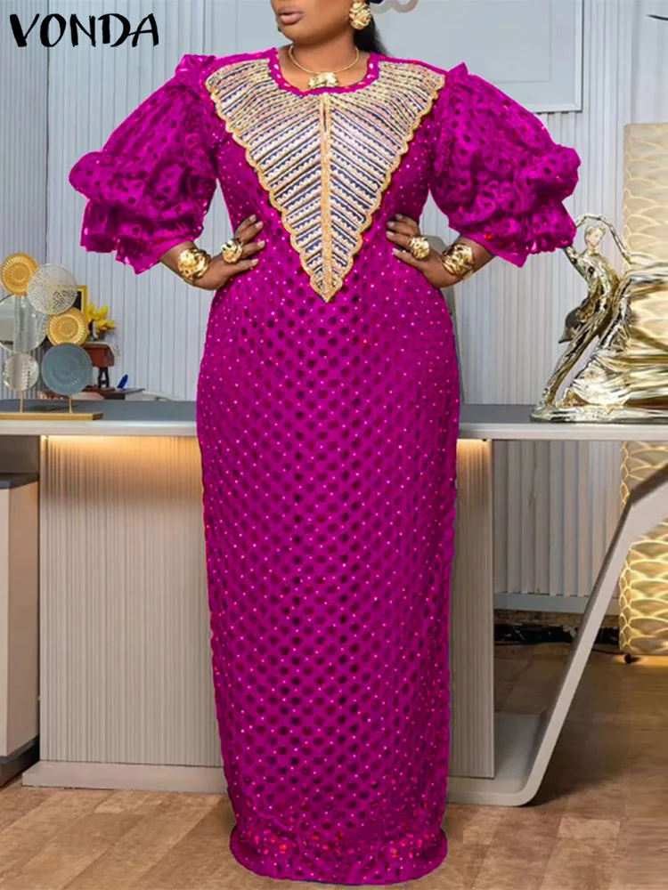 

Plus Size 5XL VONDA Oversized Dress Women Long Puff Sleeve Maxi Sundress 2024 Bohemian Printed Vintage Casual Bandage Party Robe
