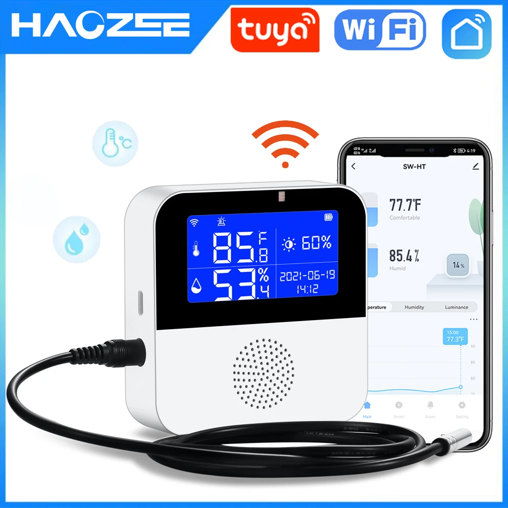 WiFi Temperature and Humidity Sensor,Tuya Smart Hygrometer Thermometer with  LCD Display,Compatible with Alexa,App Notification Alert,Temperature