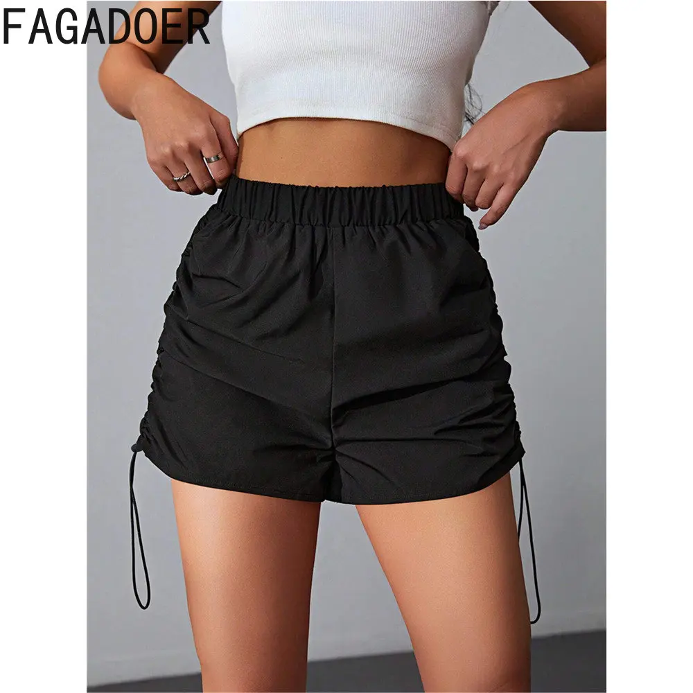 FAGADOER Fashion Drawstring Design Cargo Shorts Women High Waisted Pleated Shorts Casual Solid Color Matching Streetwear Bottoms