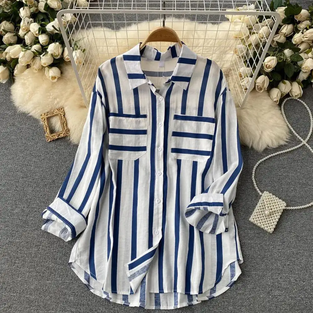 

Women Vertical Stripe Shirt Trendy Women's Vertical Striped Shirt with Lapel Collar Loose Fit Casual Single for Streetwear