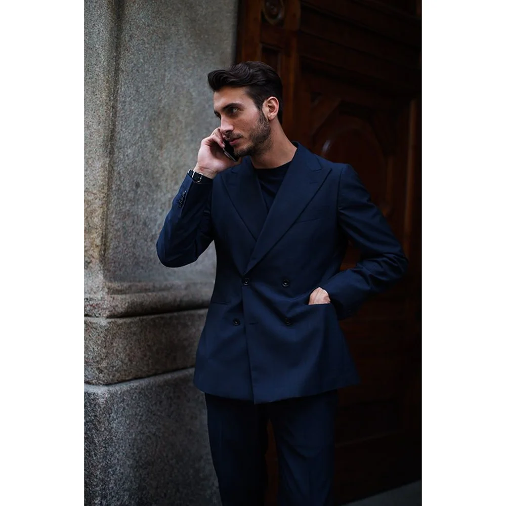 Navy Blue Double Breasted Straight Men Suit Two Pieces(Jacket+Pants) Lapel Outfits Chic Casual Party Prom Wedding Set 2