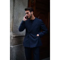 Navy Blue Double Breasted Straight Men Suit Two Pieces(Jacket+Pants) Lapel Outfits Chic Casual Party Prom Wedding Set 2