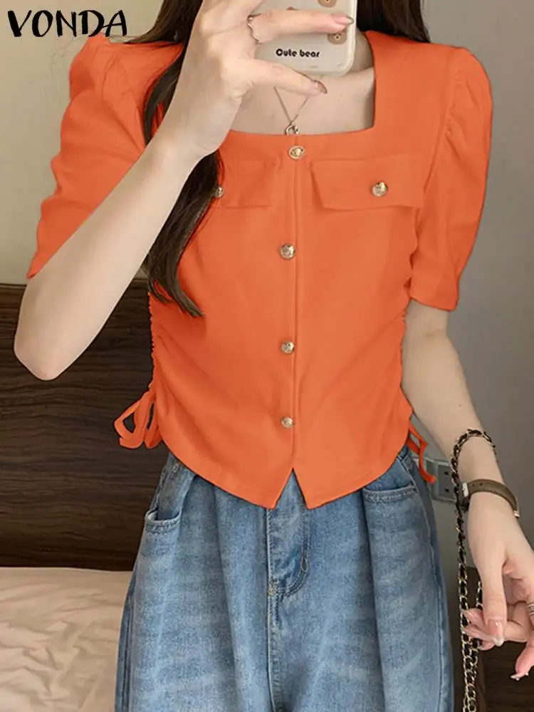 

VONDA Летние Элегантные женские блузки с квадратным вырезом 2024 повседневные рубашки с коротким рукавом модный сексуальный бандажный Топ Свободные однотонные Блузы