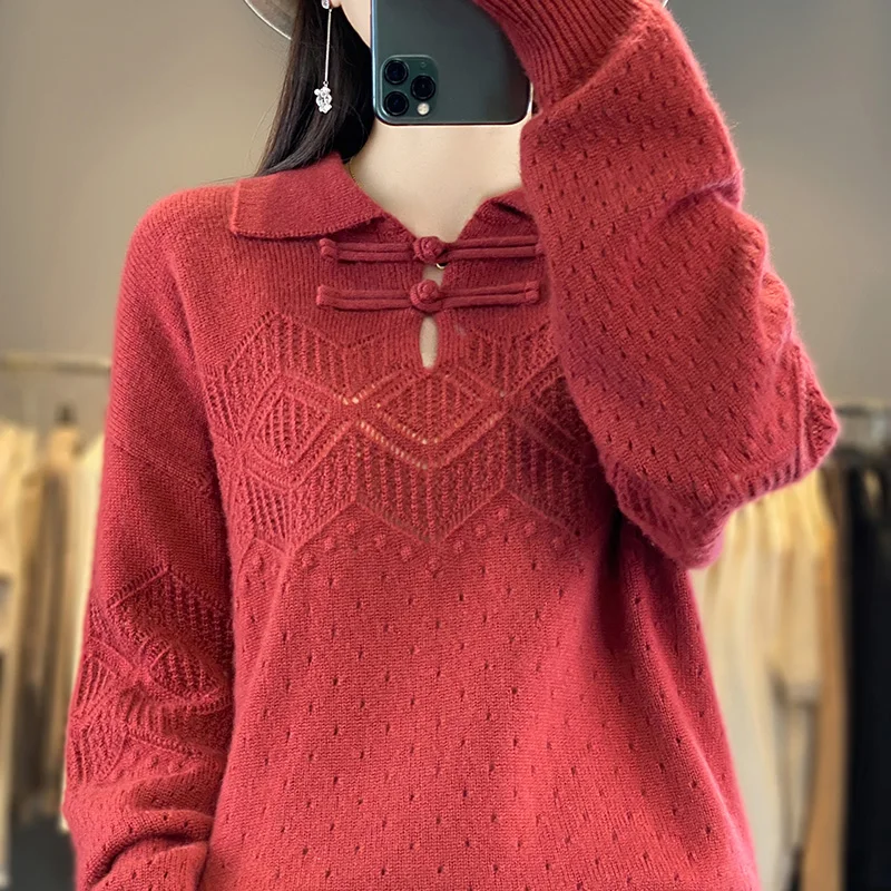 

Autumn and winter new 100% women's polo neck crocheted button sweater relaxed leisure trend heavy industry sweater