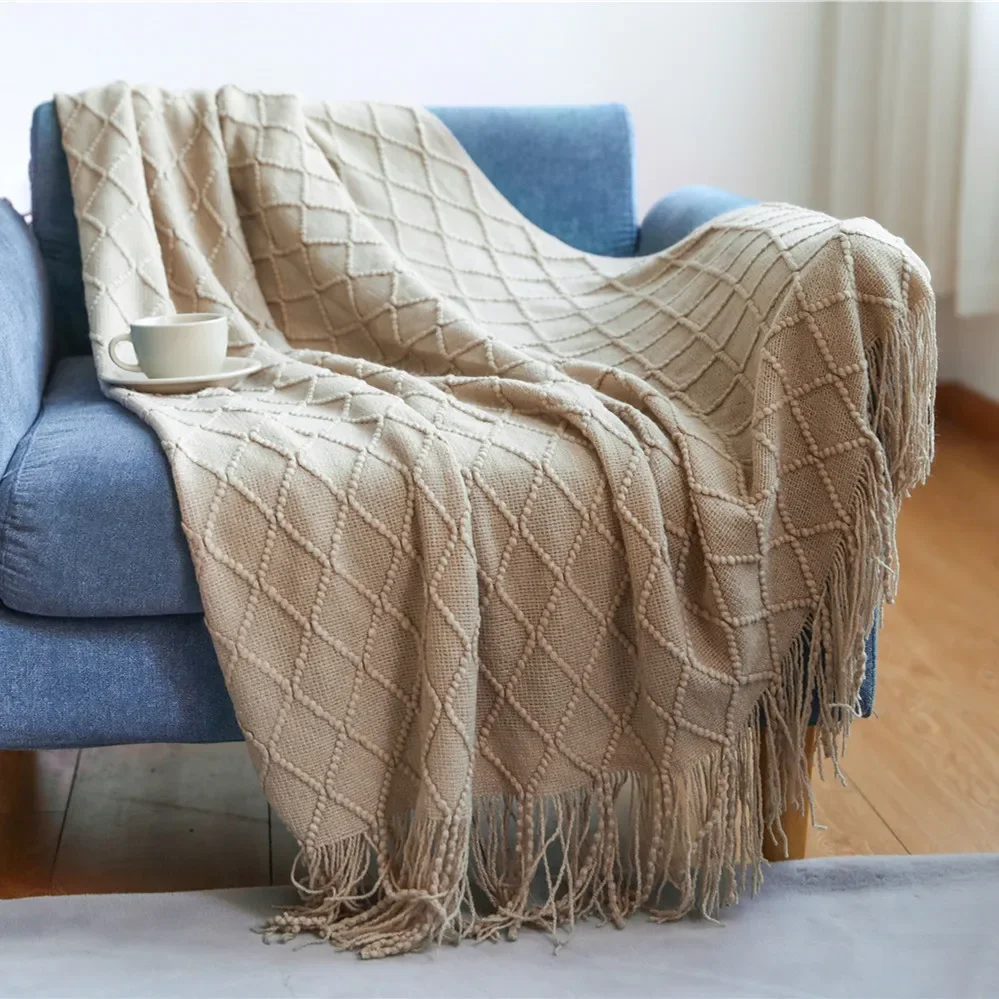 Green Knitted Throw Blanket for Beds with Tassel Gray Blue Solid Textured Plaid Sofa Cover Nordic Bed End Decor Soft Nap Blanket 6