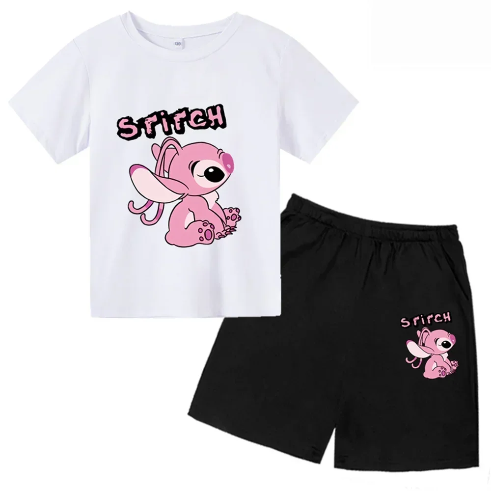 thumbnail image 1 of Conjunto de dos piezas de camiseta y pantalones cortos de Disney Stitch para niños de verano 2024, conjunto de pantalones cortos de manga corta informales a la moda para niños y niñas, ropa para niños, 1 of 5