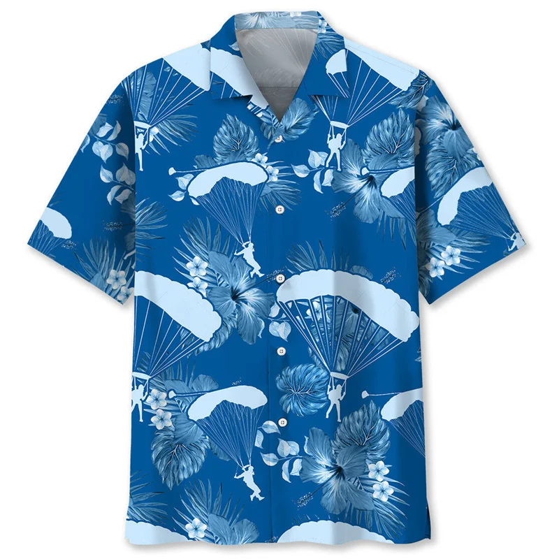 thumbnail image 1 of Camisa hawaiana con estampado de paracaidismo para hombre, camisas de flores tropicales con estampado 3D a la moda, blusa de manga corta con solapa y botones para verano, 1 of 5