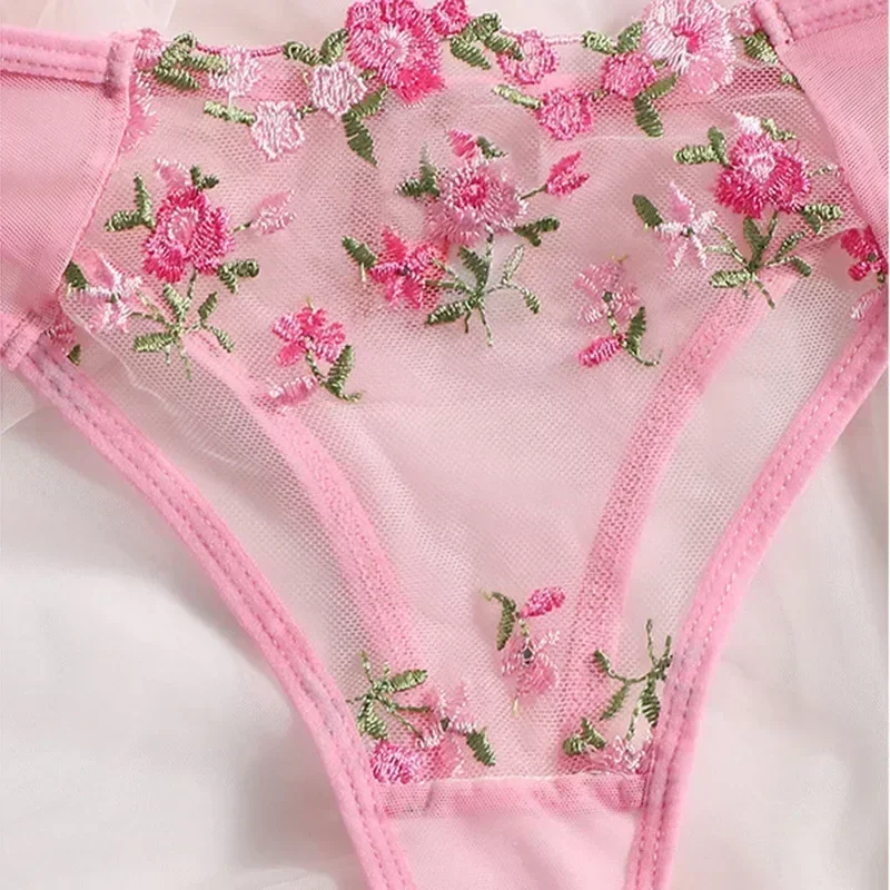 Women's Lingerie Floral Embroidery Transparent Lace Short Low-waisted Kits 2 Pieces women lingerie set