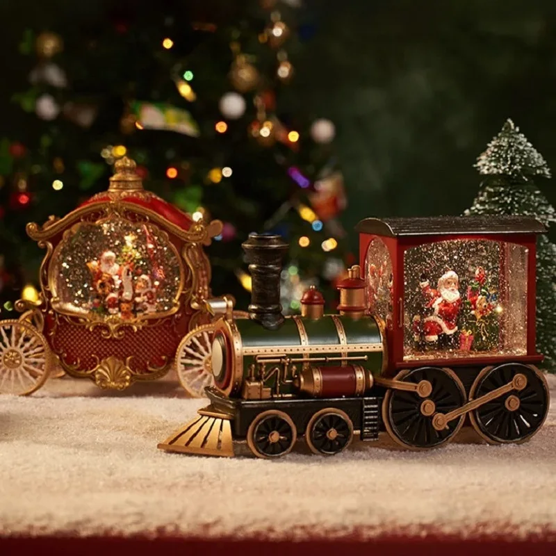 

Christmas Train Gift Decoration Christmas Eve Steam Train Box Crystal Snow Ornaments LED Light Xmas Party Decor Yeti Santa Claus