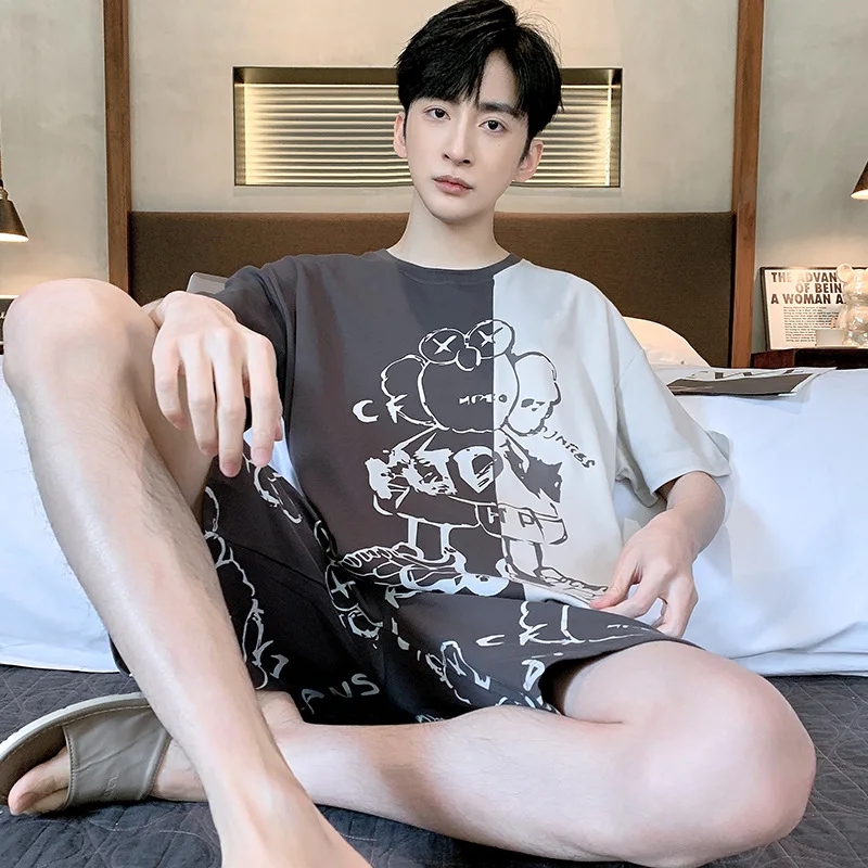 Pure Cotton Fabric Summer Pajamas Men Crew Neck Casual Short Sleeve Shorts Loose Cartoon Bear 2 Piece Set Sleepwear