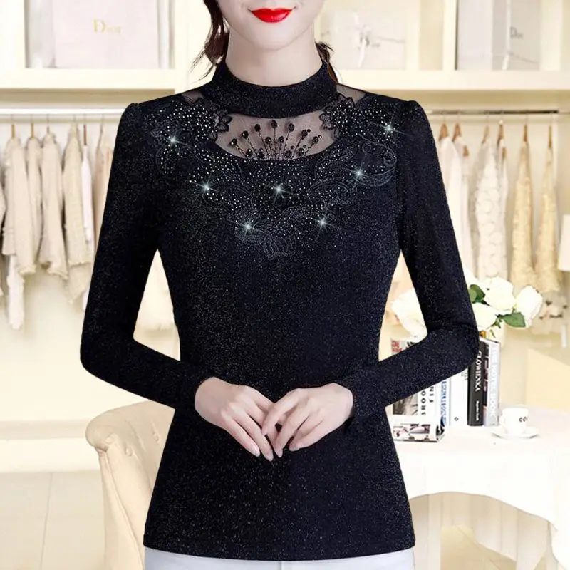 

2023 Autumn and Winter Women's New Fashion Mesh Solid Bottom Small Shirt Casual and Comfortable Versatile Lace Thin Top