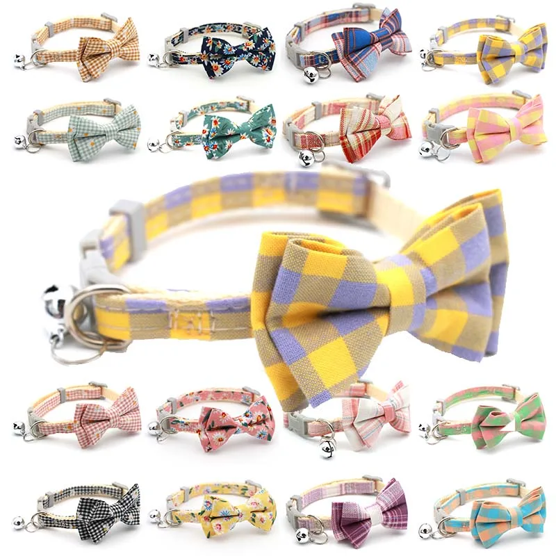 

Fashion Bow Cat Collar Adjustable Necklace Breakaway For Safety Buckle Plaid Dog Puppy Pets Supplies Accessories With Bells