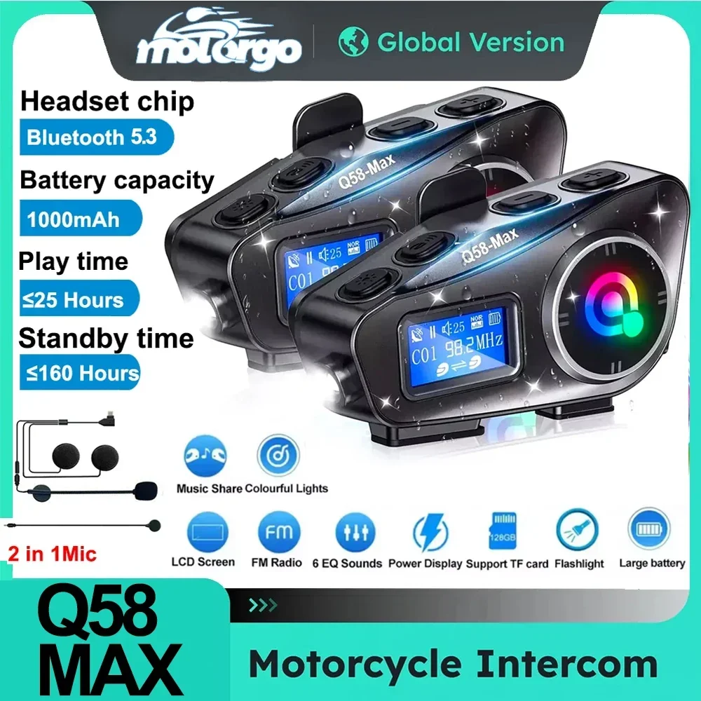 Helmet Intercom Bluetooth 5.3 LCD Display for 2 Riders