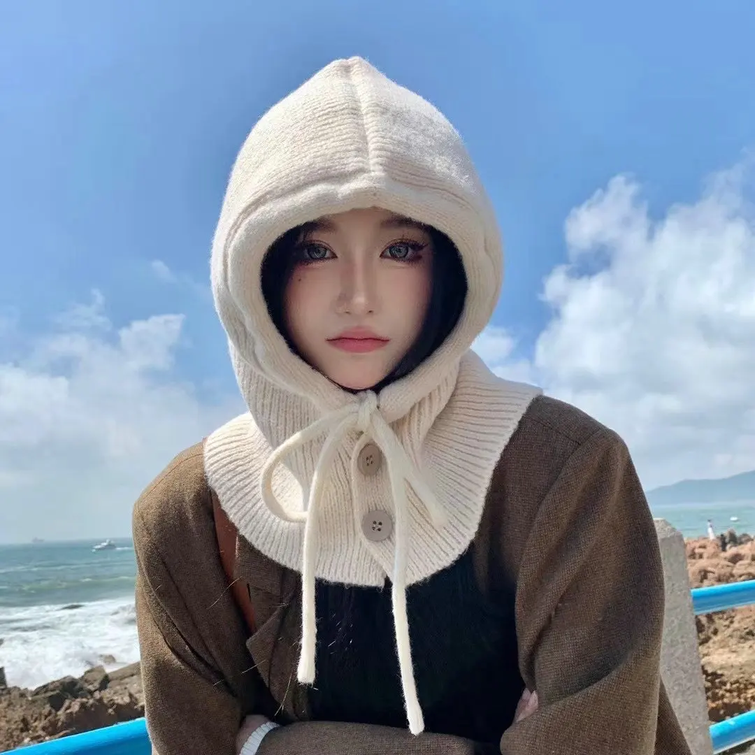Balaclava Hat Button Cap women's Versatile Autumn Winter Warm Scarf All In One Cap Head Cover Ear Protection Knit Cap