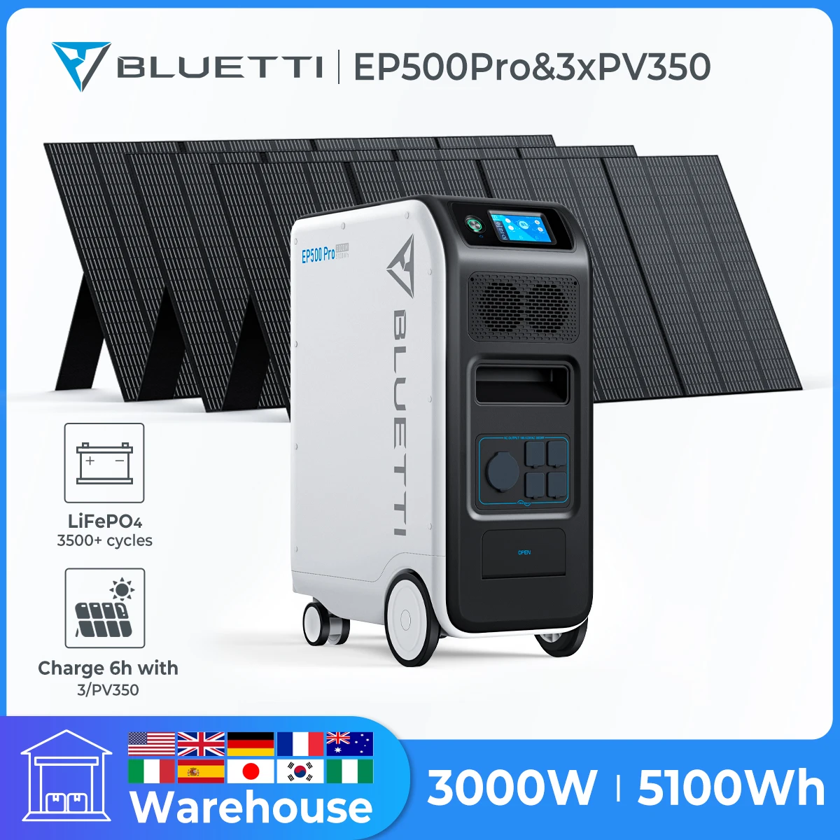 Bluetti Ep500Pro Stazione Di Energia Solare 3000W 5100Wh Generatore Solare Lifepo4 Batteria Di Backup Interruzione Di Corrente Pv3500 350W Pannelli So