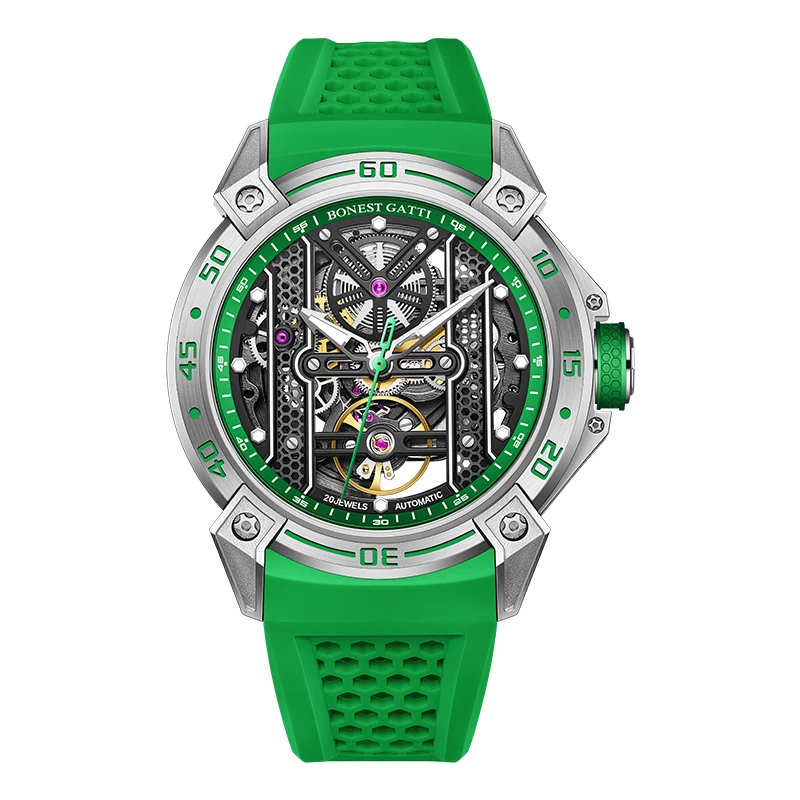 

BONEST GATTI Men Automatic Watch 45mm Luxury Mechanical Wristwatch 50M Waterproof Sapphire Luminous Fluororubber Strap Skeleton