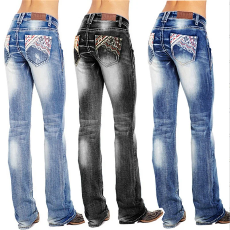 Casual High Waist Straight Pants New Hot Sale Women's Washed Flag Element Embroidered Jeans Pants Black Dark Blue Light Blue