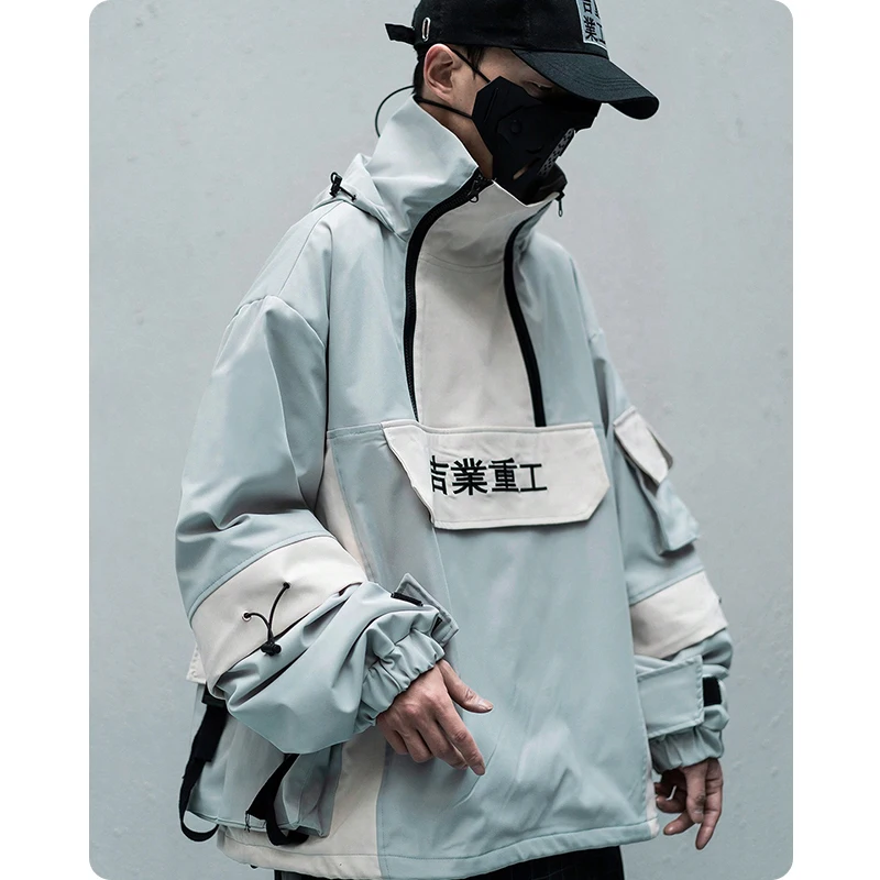 멀티 포켓 stormsuit 힙합 캐주얼 스티치 하프 지퍼 후드 여성 남성 의류 골동품 재킷 일본식 streetwear