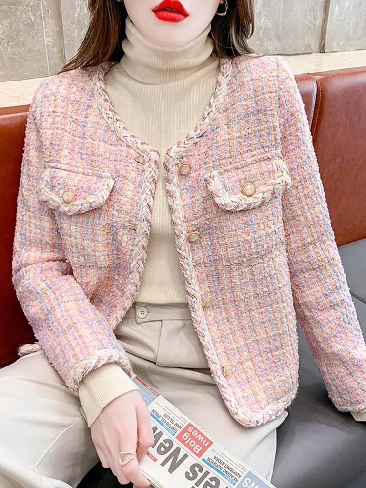 

Runway Small Fragrant Sweet Pink Design Wool Tweed Coat Jacket Warm Long Sleeve Thick Overcoat For Women Fashion Outwear Suit