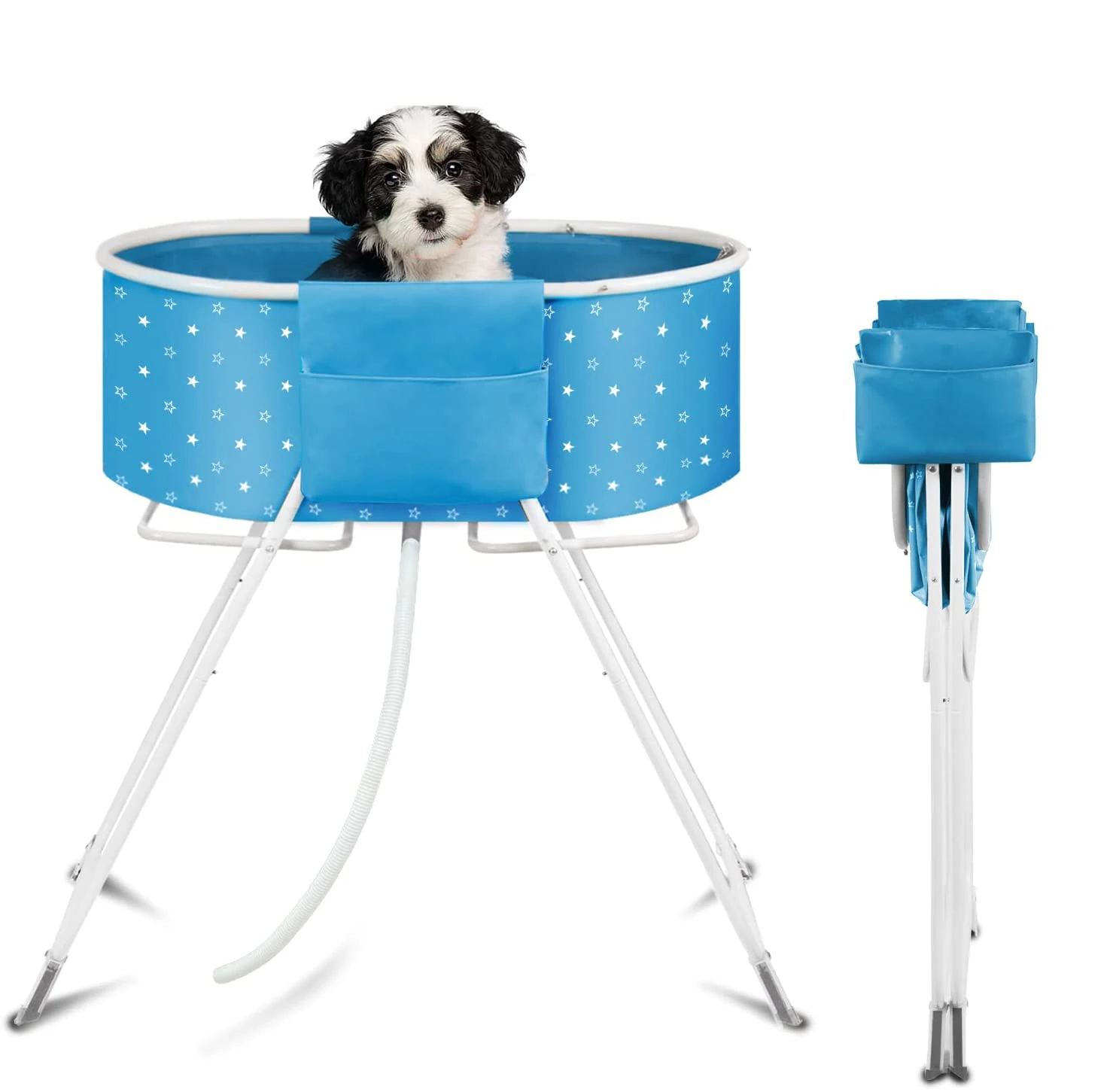 Vasca Da Bagno Per Cani Rialzata Pieghevole - 5 Altezze Regolabili, Con Scarico, Per Cani Fino 56kg, Blu - Foto 3