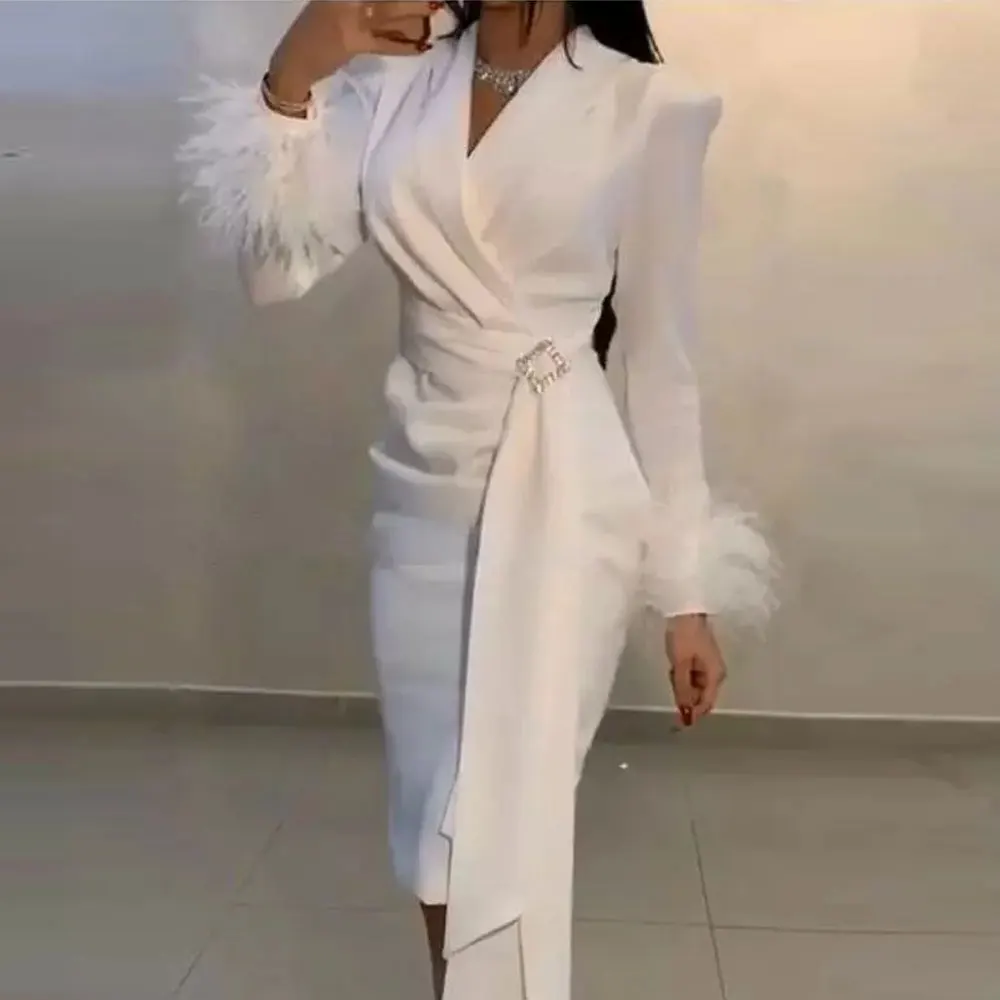 

Elegant White Short Prom Party Dresses Custom Made Feather Tea Length V-Neck Sheath Evening Celebrity Gowns Robe De Soriee