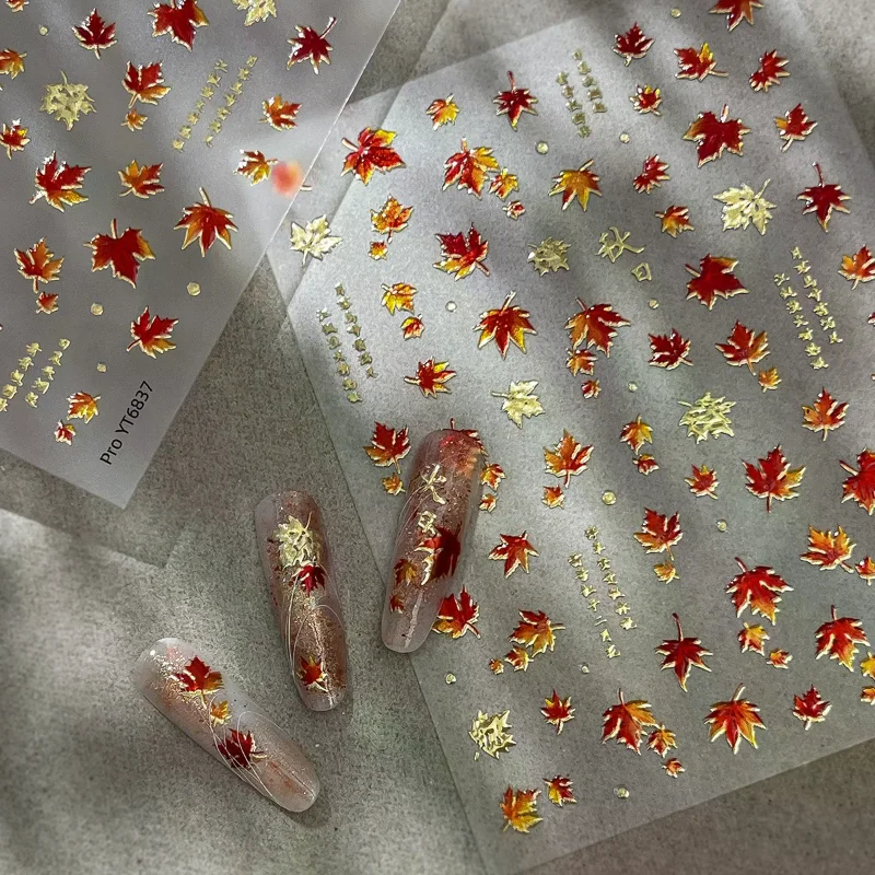 1Pcs Autumn Bronzing Maple Leaf Nail Art Stickers - Elegant Red Fall Leaves Decals for DIY Nail Art Decoration & Manicure Design