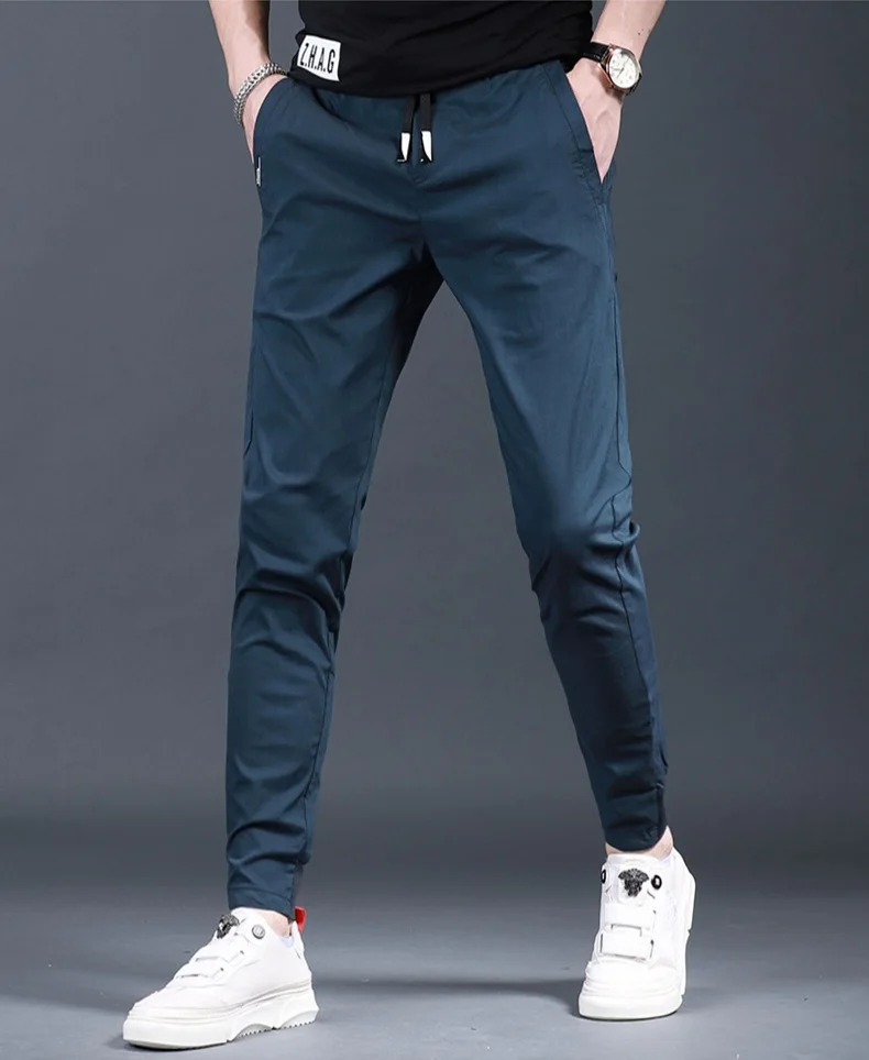 Summer Black Pants Men Casual Sport Pencil Pants Fashion Korean Style Slim Fit Elastic Waist Drawstring Jogging Trousers