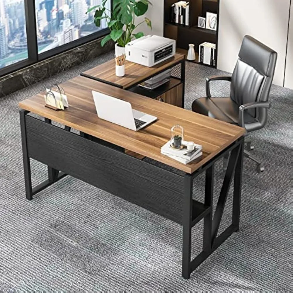 Desk with Drawer, 55" Long Computer Desk with Storage Rack and Mobile Document Cabinet, Home Office Furniture Set Executive Desk 3